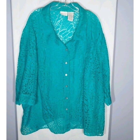 White Stag Women’s Top Plus Sz 30W/32W Teal Sheer Button Up Animal Print Slits - Picture 1 of 7